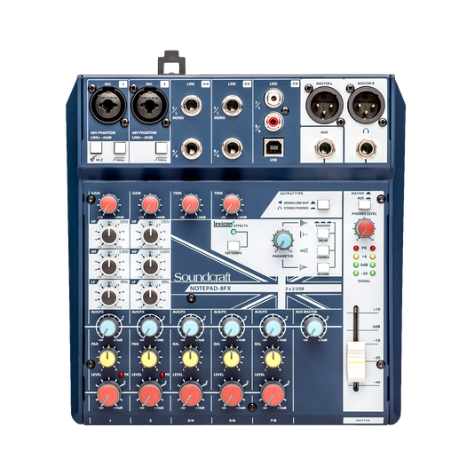 Notepad-8FX - Dark Blue - Small-format analog mixing console with USB I/O and Lexicon effects - Front image number null