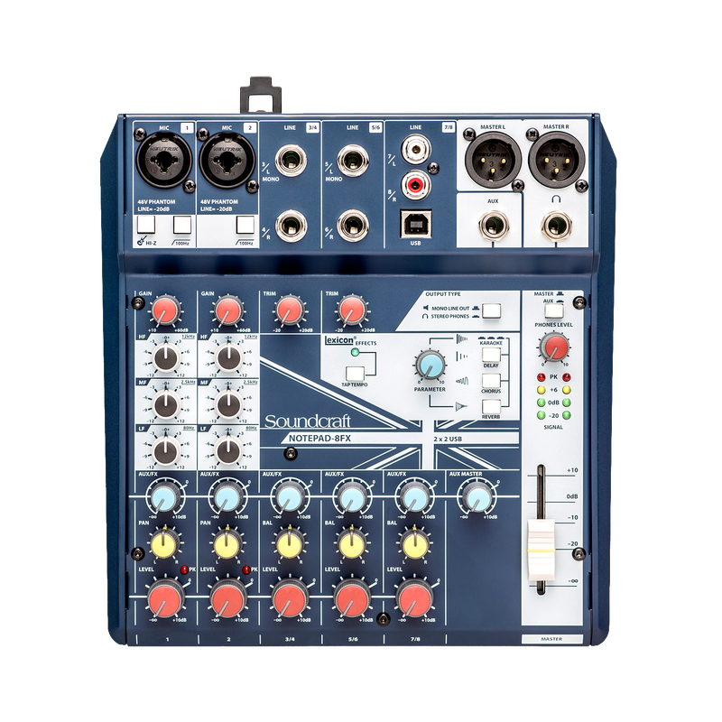 Notepad-8FX - Dark Blue - Small-format analog mixing console with USB I/O and Lexicon effects - Front image number null