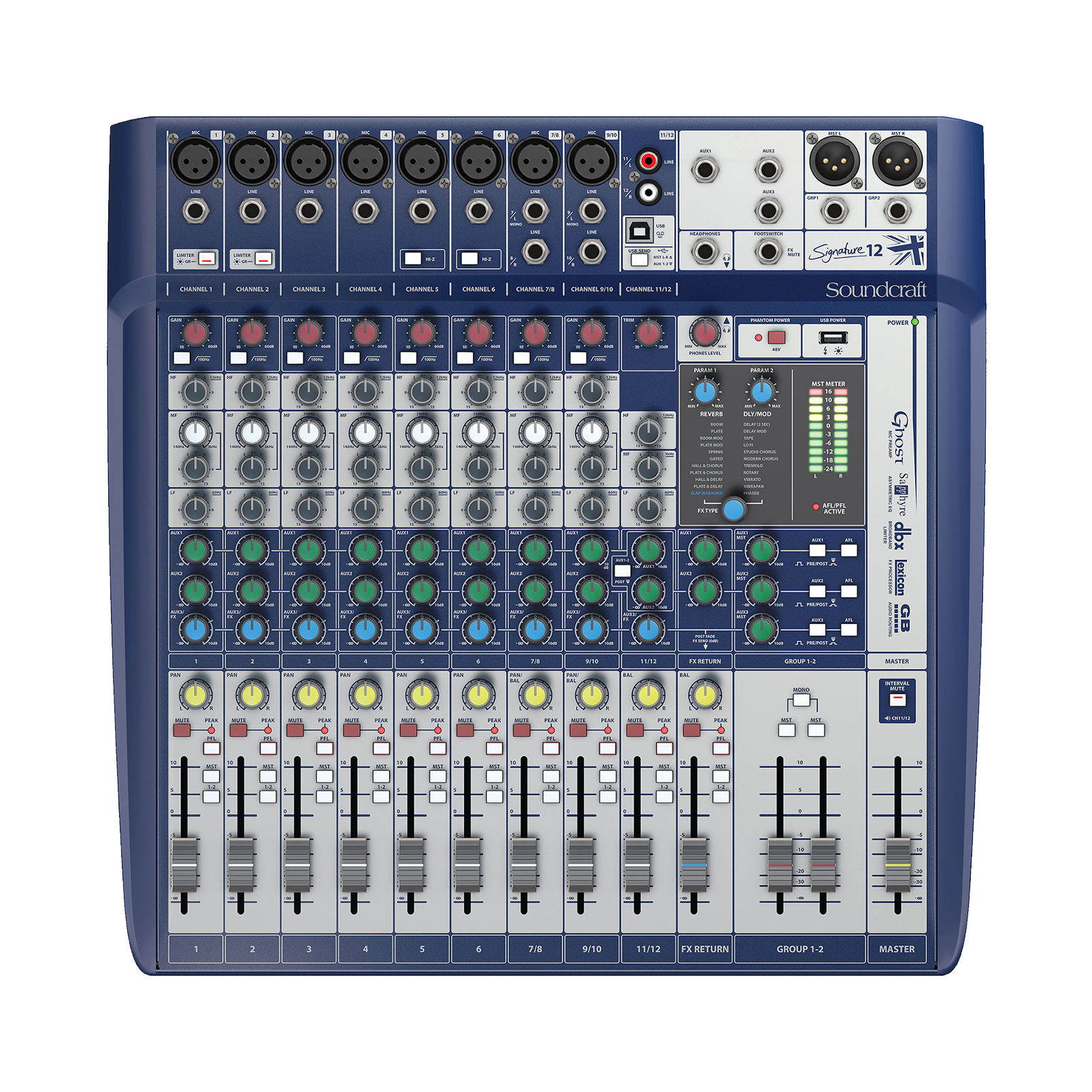 Signature 12 - Dark Blue - 12-input small format analogue mixer with onboard effects - Front