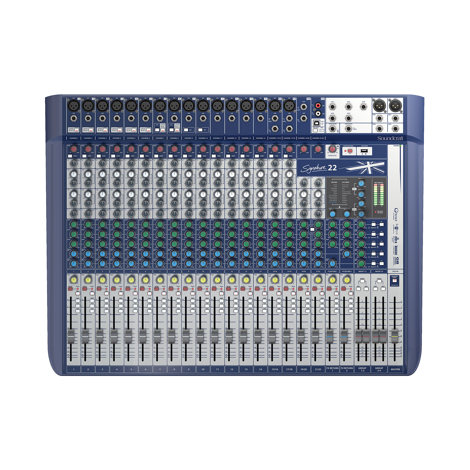Signature 22 - Dark Blue - 22-input analogue mixer with onboard effects - Front